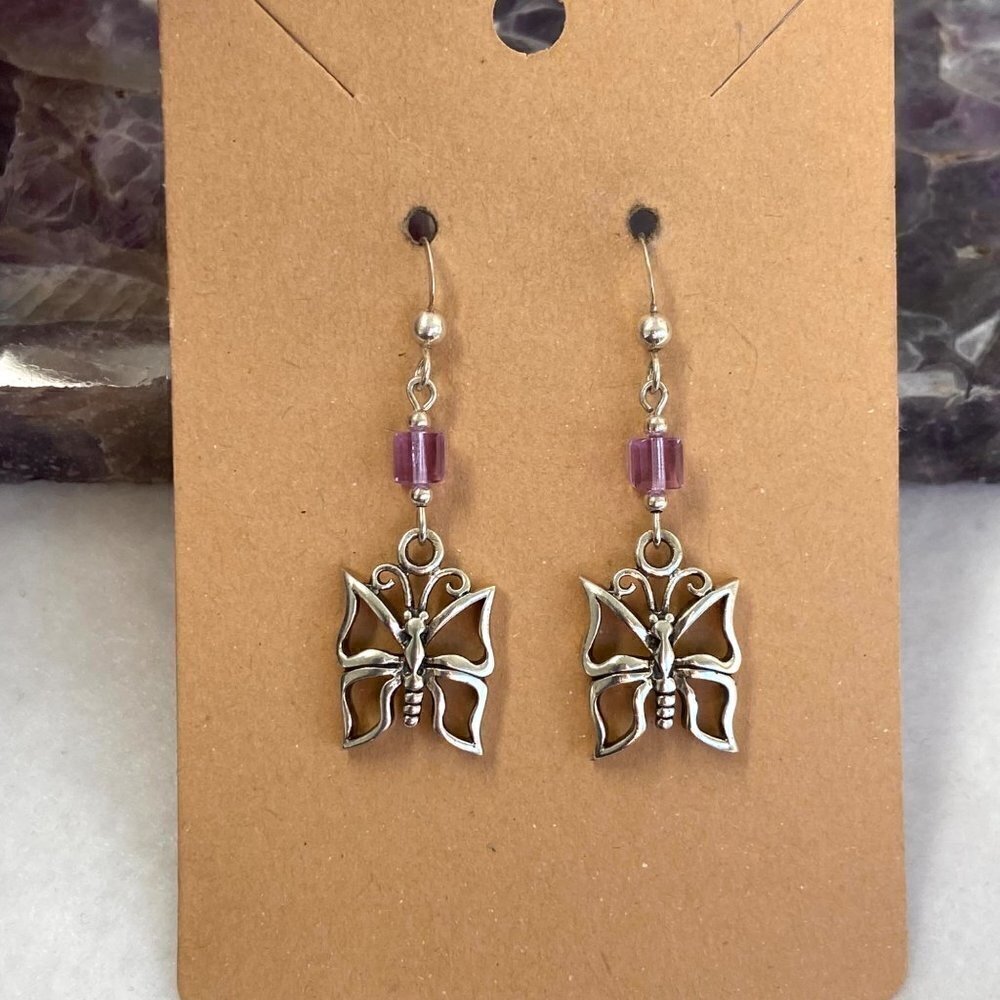 Sterling Silver 925 1.62" Butterfly Dangle Earrings Purple Glass Accent Bead